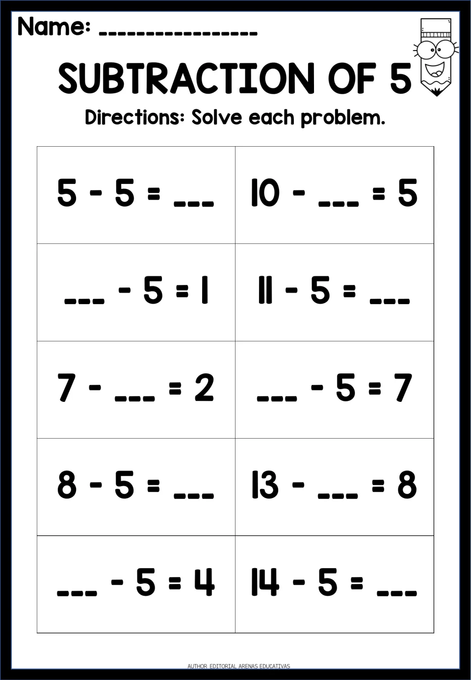 Subtraction of 5: students solve 10 missing-number facts such as 10 - ___ = 5, ___ - 5 = 1 and 14 - 5 = ___
