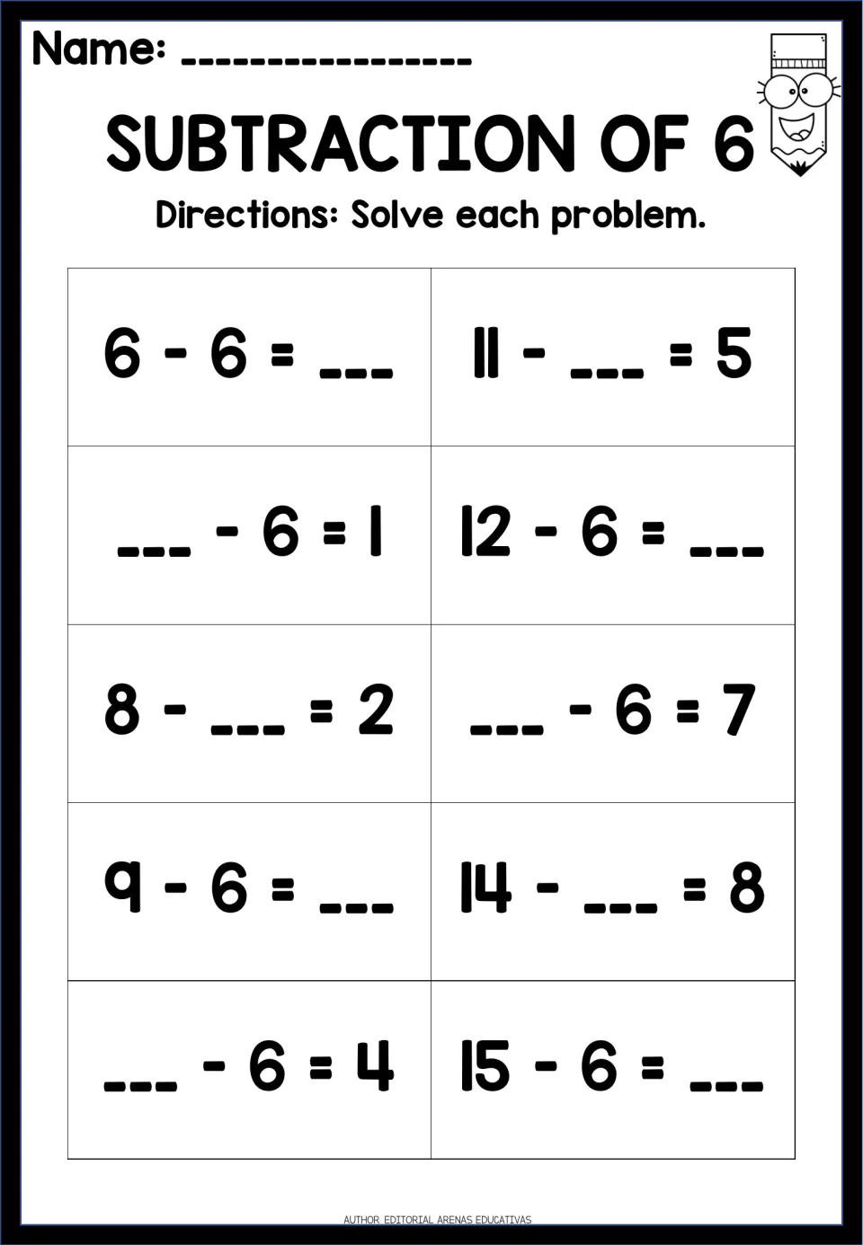 Subtraction of 6: students find each unknown in 10 facts, from 6 - 6 = ___ to 15 - 6 = ___ and 14 - ___ = 8