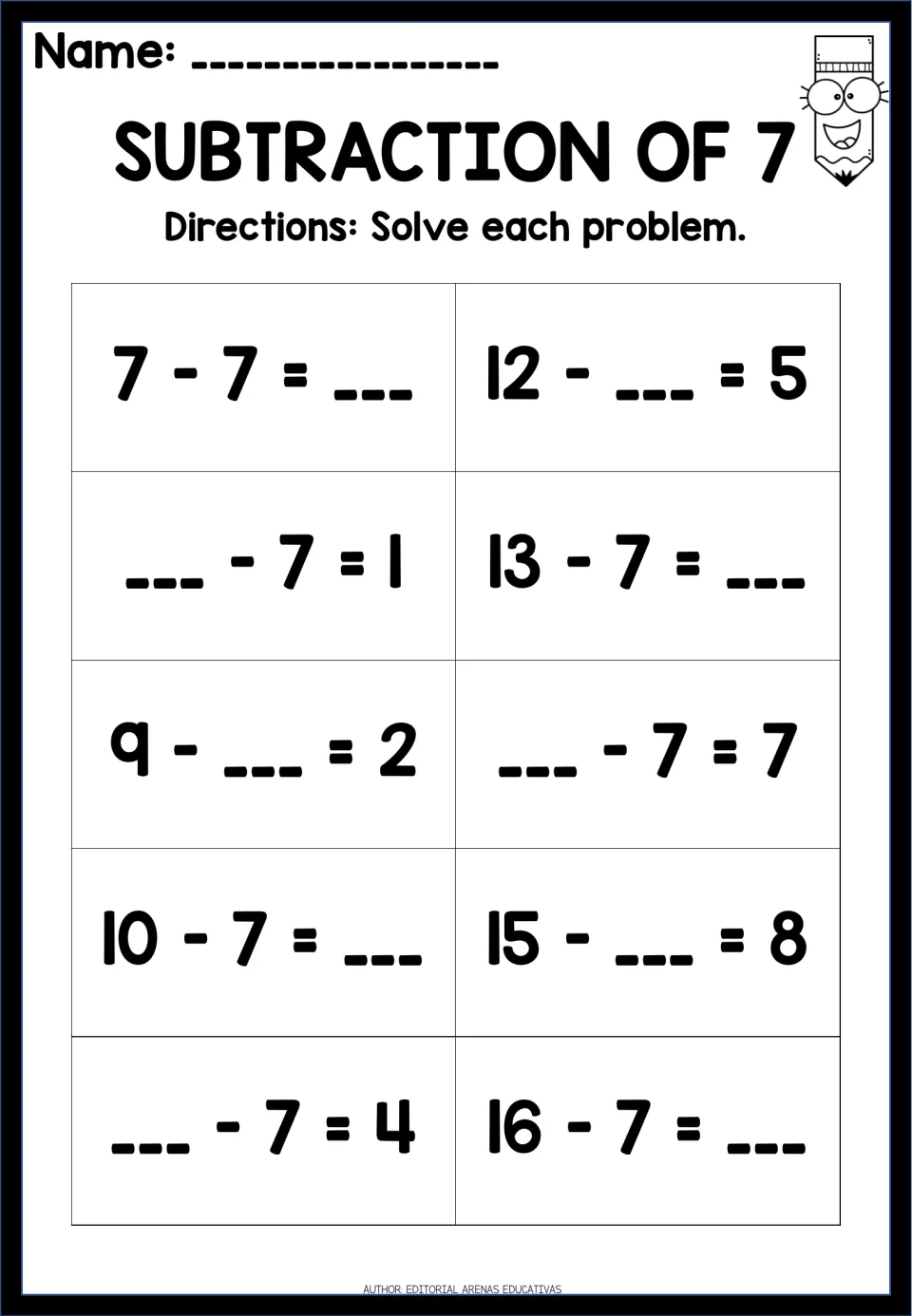 Subtraction of 7: students fill the blank in 10 equations, including 9 - ___ = 2, ___ - 7 = 7 and 16 - 7 = ___