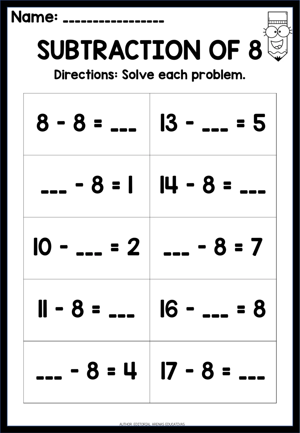 Subtraction of 8: students solve 10 missing-number problems such as 10 - ___ = 2, 16 - ___ = 8 and 17 - 8 = ___