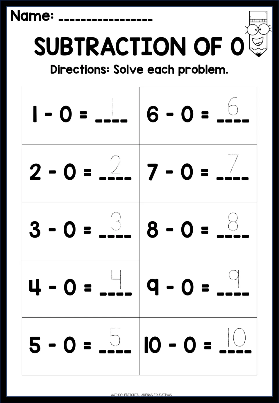 Subtraction of 0: students trace the dotted answers to 10 facts from 1 - 0 to 10 - 0, where each number stays the same