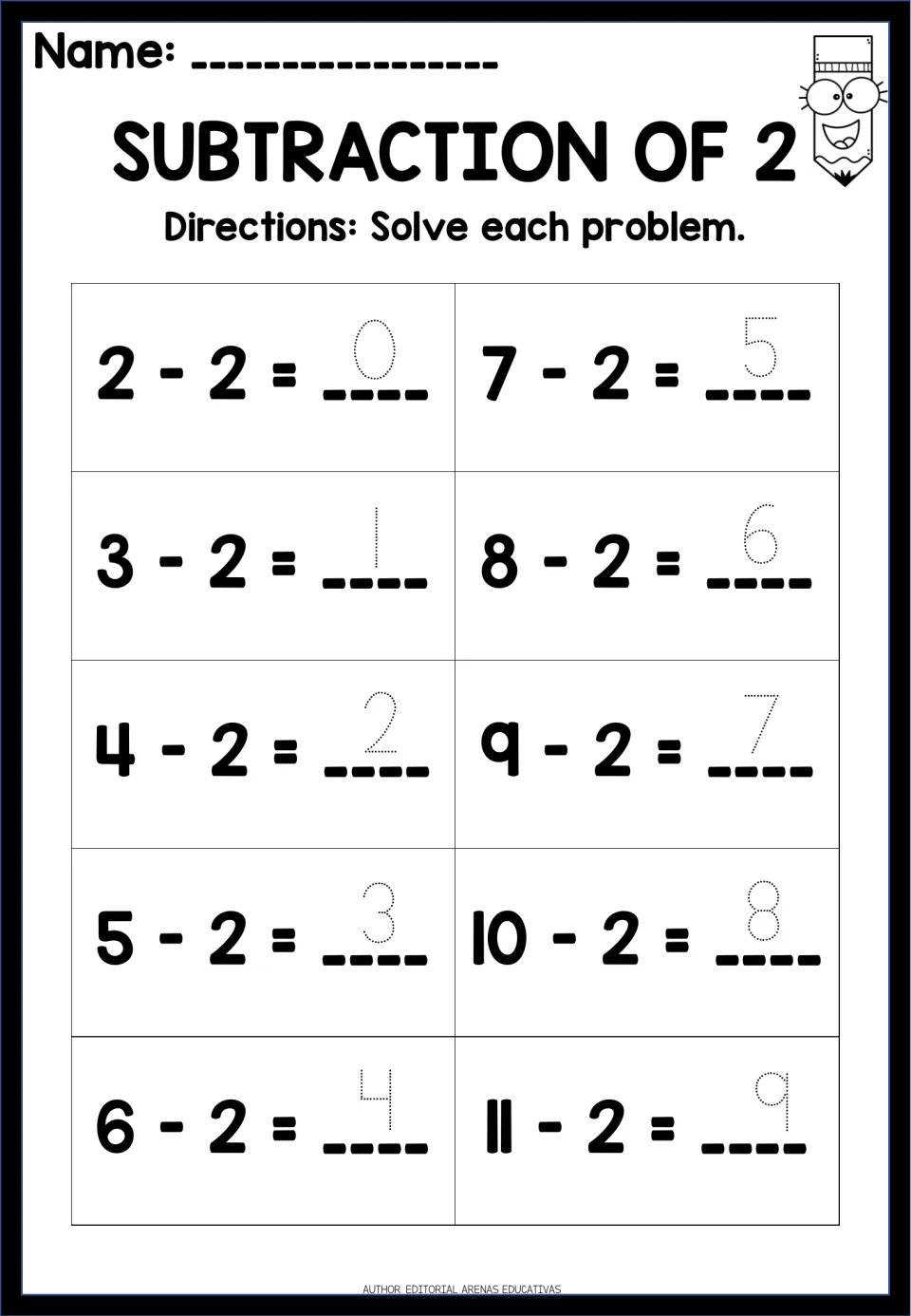 Subtraction of 2: students trace dotted answers 0 to 9 for 10 facts from 2 - 2 through 11 - 2, practising taking away two