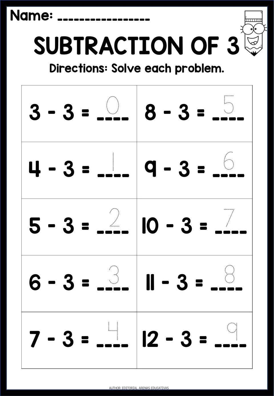 Subtraction of 3: students trace the dotted differences 0 to 9 for 10 facts running from 3 - 3 up to 12 - 3