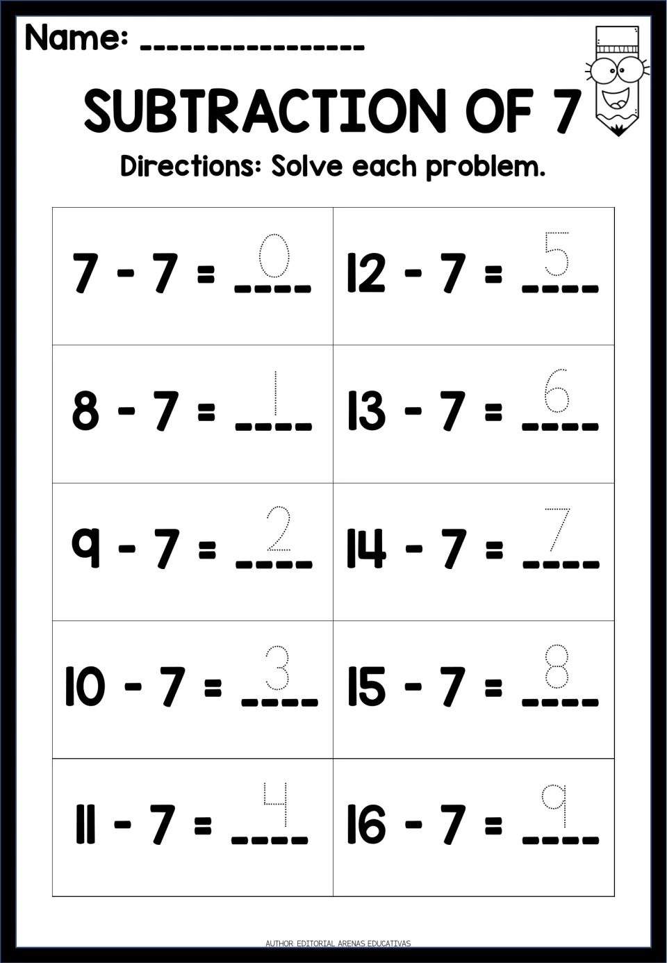 Subtraction of 7: students trace the dotted results for 10 facts from 7 - 7 to 16 - 7, with differences of 0 to 9