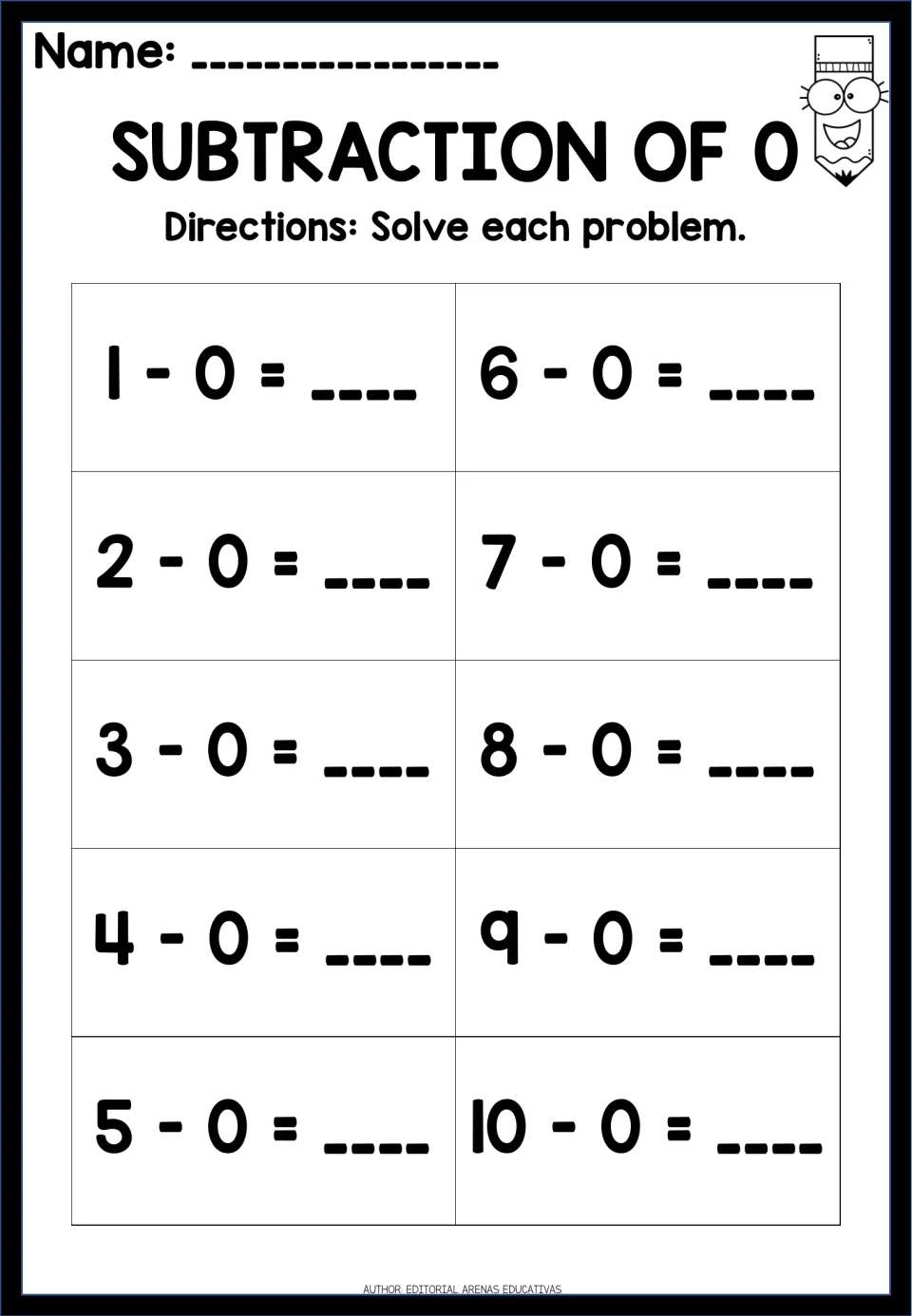 Subtraction of 0: students solve 10 facts from 1 - 0 to 10 - 0 and write each difference, practising taking away zero