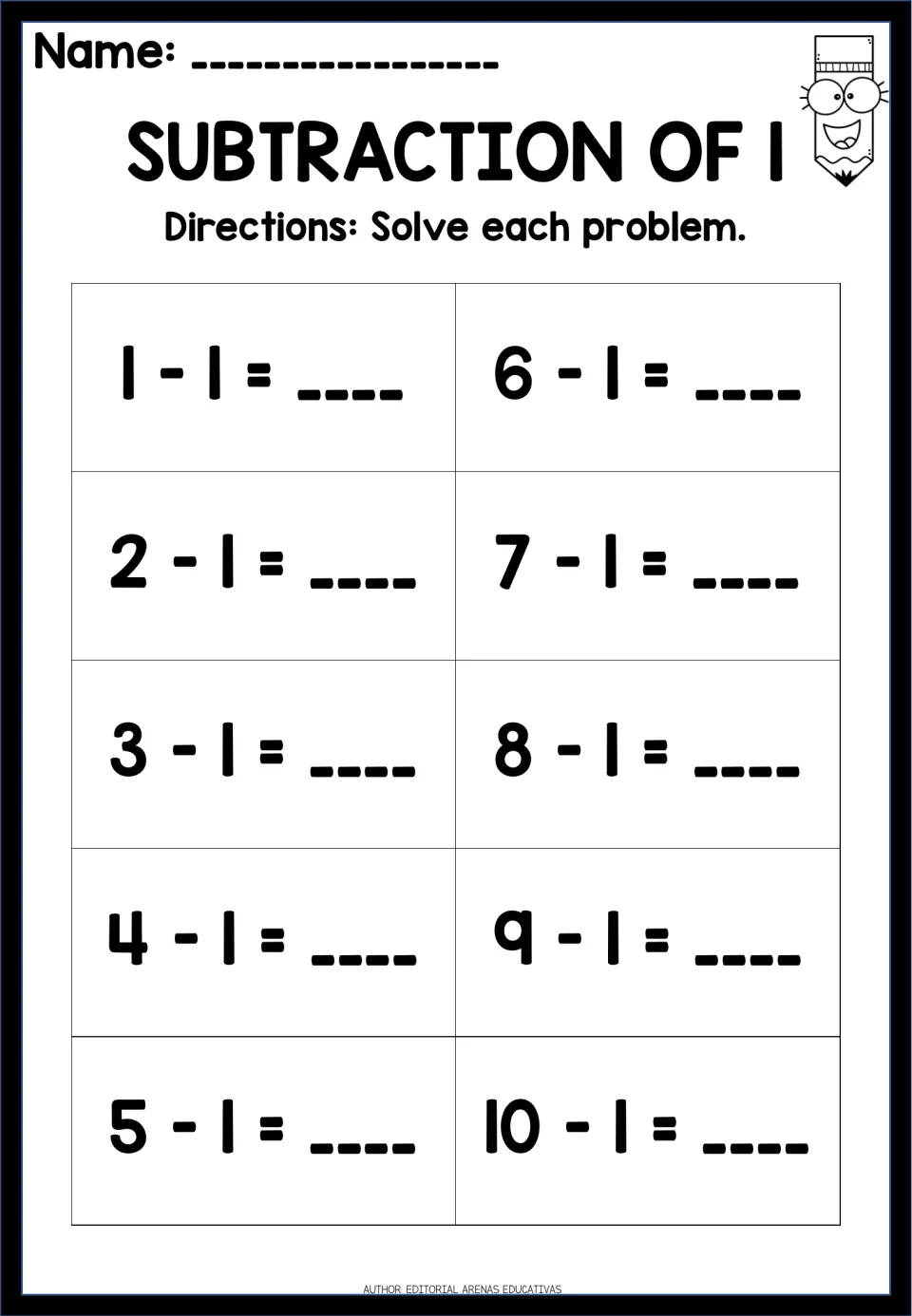 Subtraction of 1: students solve 10 facts from 1 - 1 to 10 - 1, writing the difference to practise counting back one
