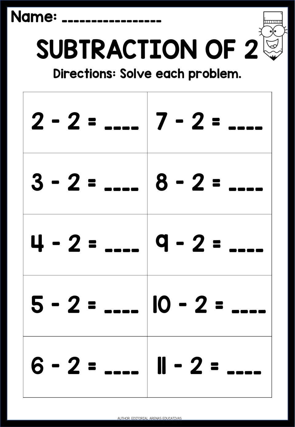 Subtraction of 2: students solve 10 facts from 2 - 2 to 11 - 2 and fill in each blank with the difference