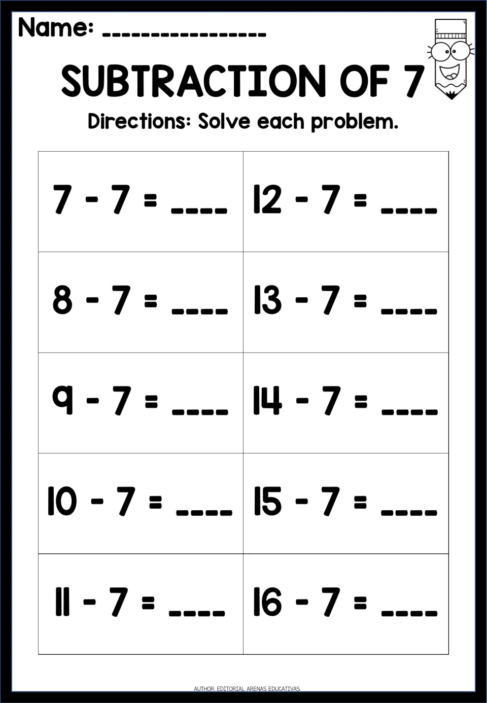 Subtraction of 7: students solve 10 facts from 7 - 7 to 16 - 7, writing the difference for each problem with seven