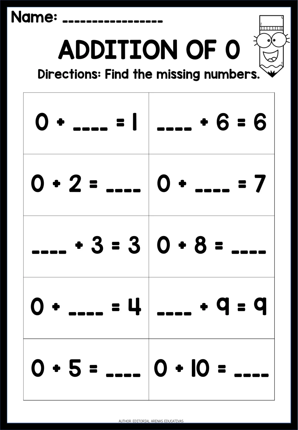 Addition of 0: students find the missing addend or sum in 10 equations such as 0 + __ = 1, __ + 6 = 6 and 0 + 10 = __