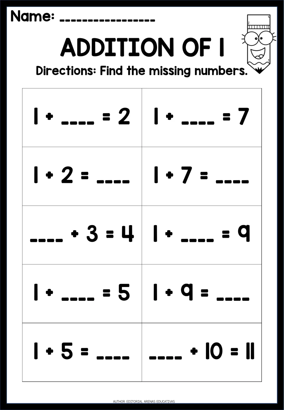 Addition of 1: students fill in the missing number in 10 facts like 1 + __ = 2, 1 + 7 = __ and __ + 10 = 11 to add one