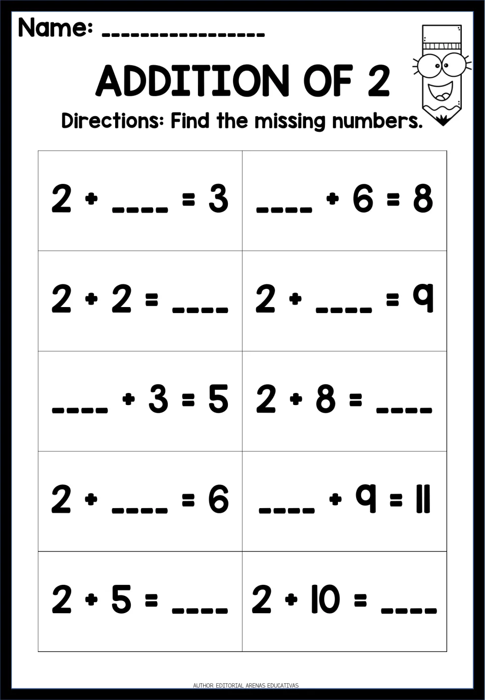 Addition of 2: students supply the missing addend or total in 10 plus-two facts, from 2 + __ = 3 to __ + 9 = 11