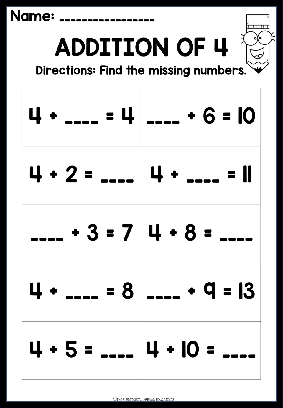 Addition of 4: students complete 10 plus-four facts by writing the missing addend or sum, e.g. 4 + __ = 8 and __ + 6 = 10