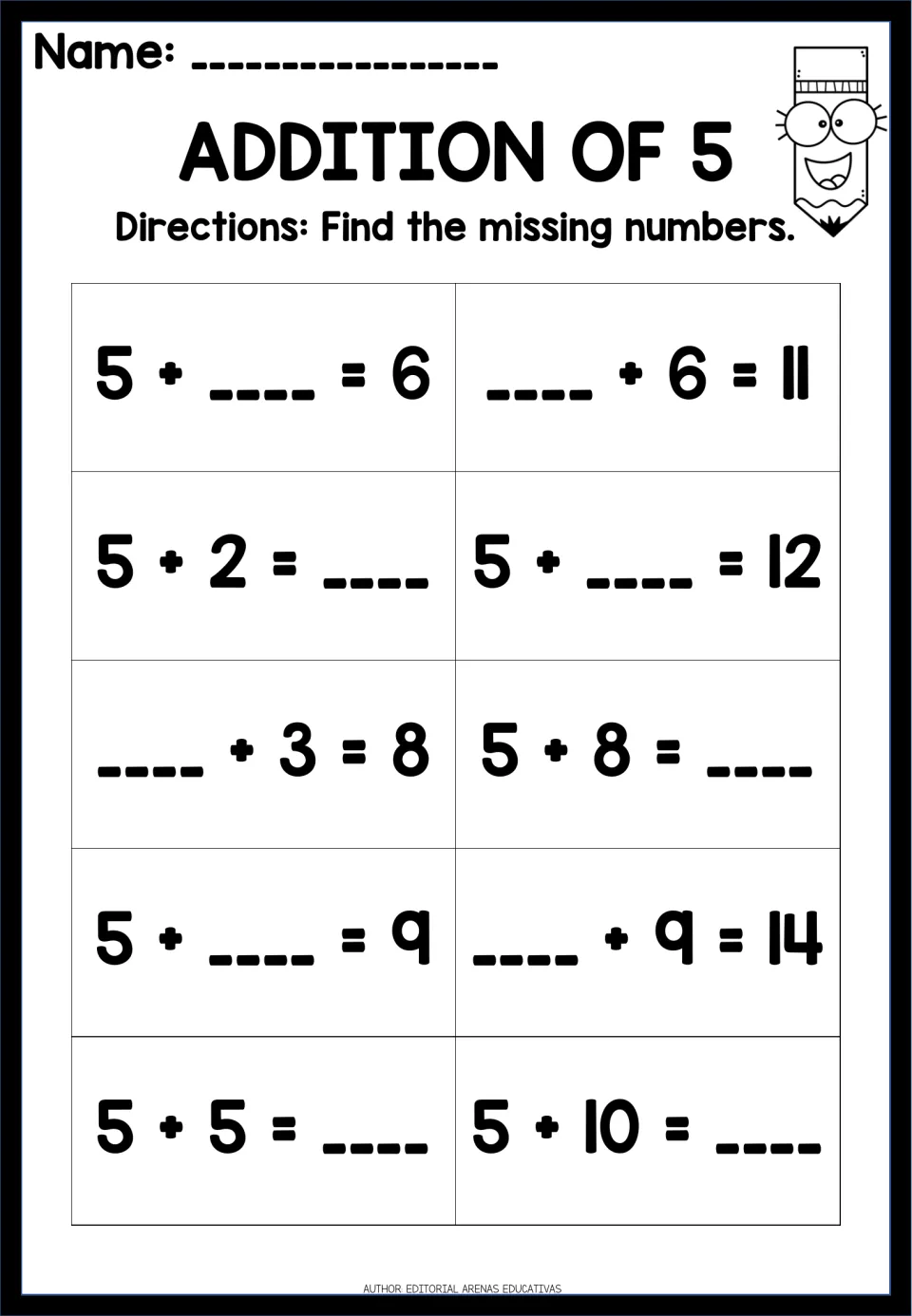 Addition of 5: students write the missing number in 10 plus-five facts, including 5 + 5 = __, 5 + __ = 12 and __ + 9 = 14