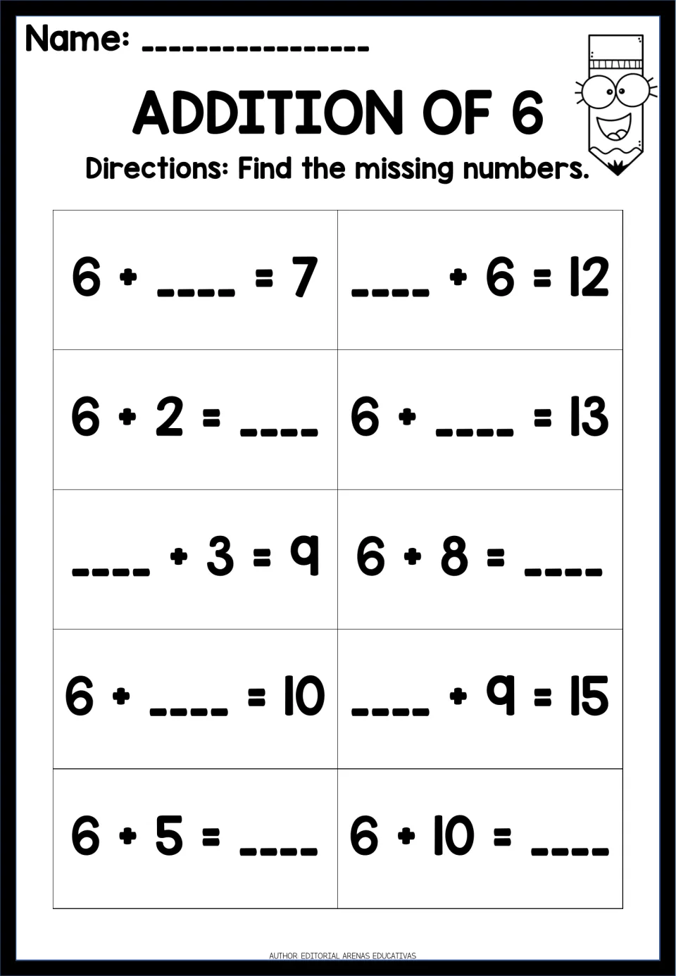 Addition of 6: students fill in each blank in 10 plus-six facts such as 6 + __ = 7, __ + 6 = 12 and 6 + 10 = __