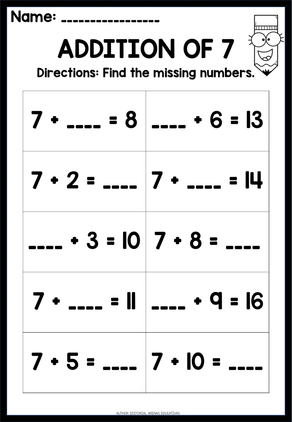 Addition of 7: students fill the gap in 10 plus-seven facts, like __ + 3 = 10, 7 + 8 = __ and __ + 9 = 16
