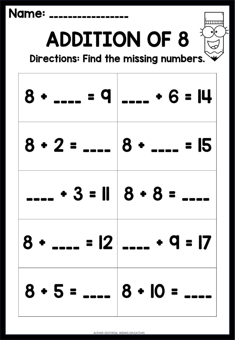 Addition of 8: students find the missing number in 10 plus-eight facts, including 8 + 8 = __, 8 + __ = 15 and __ + 9 = 17