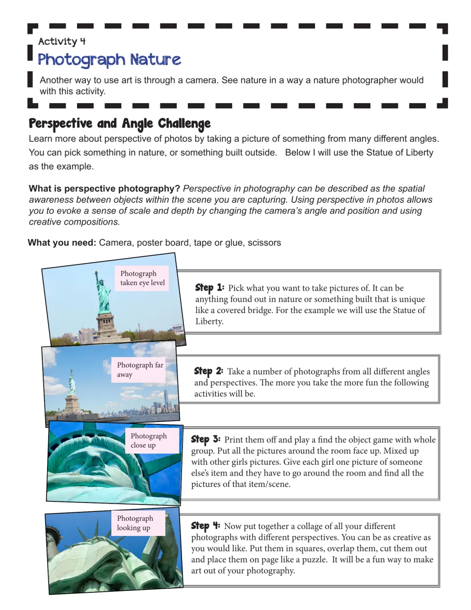 Activity 4, Perspective and Angle Challenge: photograph an outdoor subject, play a matching game, and make a collage