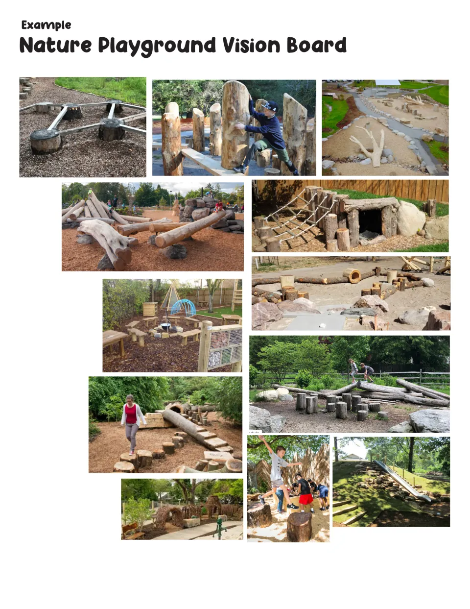 Example nature playground vision board for Activity 5, showing log paths, climbing structures, rocks, and slides