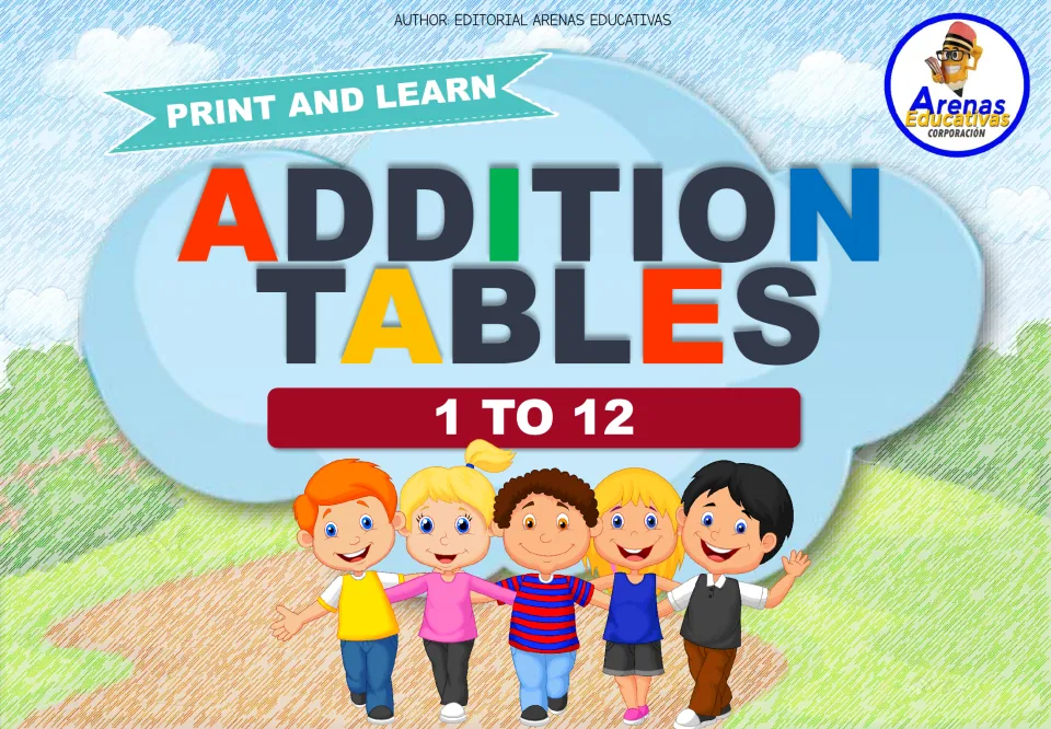 Addition Tables 1 to 12 cover from Editorial Arenas Educativas, with five cartoon children walking on a path