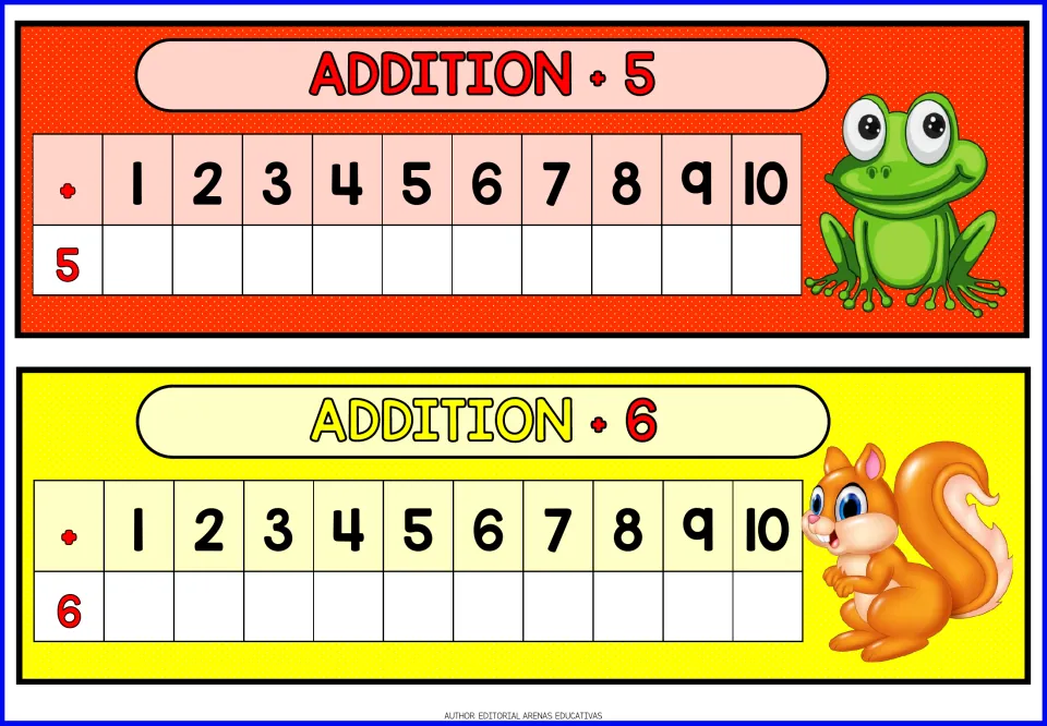 Addition facts for +5 and +6: students write the sum of 5 and of 6 with each number 1 to 10 in the blank rows