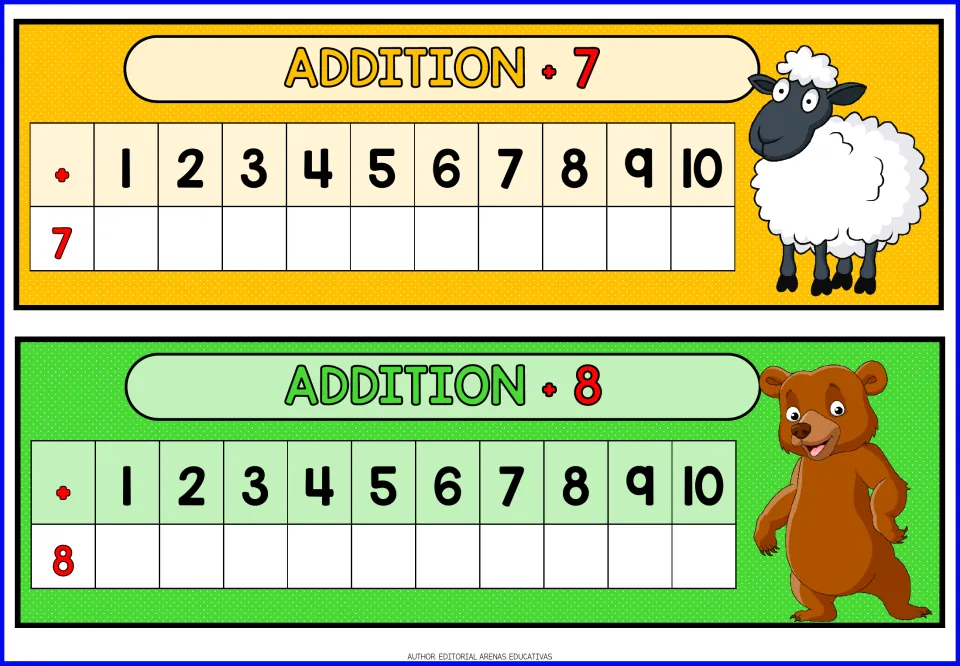 Addition facts for +7 and +8: students write the sum of 7 and of 8 with each number 1 to 10 in the blank rows