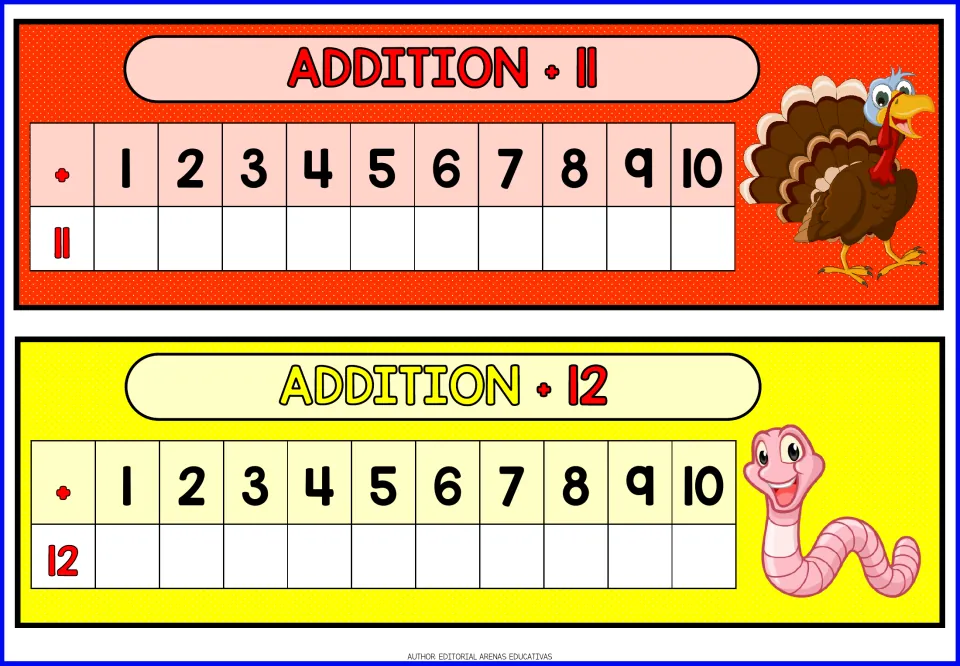 Addition facts for +11 and +12: students write the sum of 11 and of 12 with each number 1 to 10 in the blank rows