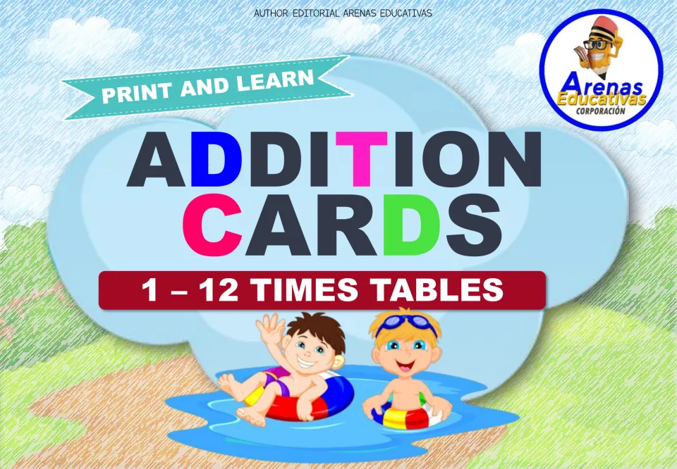 Addition Cards cover for the 1 to 12 tables, marked Print and Learn, with two cartoon kids floating in a pool