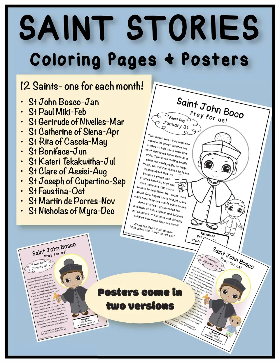 Saint Stories coloring pages and posters cover listing 12 saints, one per month, from John Bosco in Jan to Nicholas in Dec
