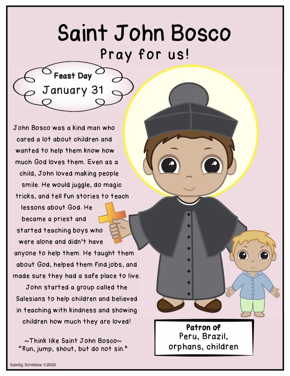Saint John Bosco poster on pink: feast day January 31, story of his work with boys, patron of Peru, Brazil and orphans