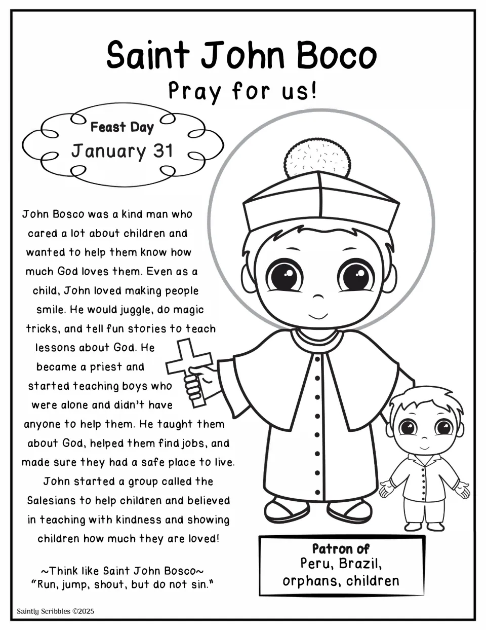 Saint John Bosco coloring page: students color the priest holding a cross beside a child while reading his life story