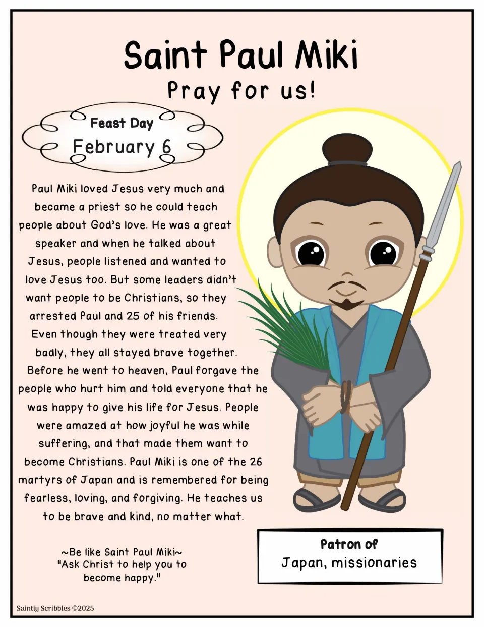 Saint Paul Miki poster on peach: feast day February 6, story of the 26 martyrs of Japan, patron of Japan and missionaries