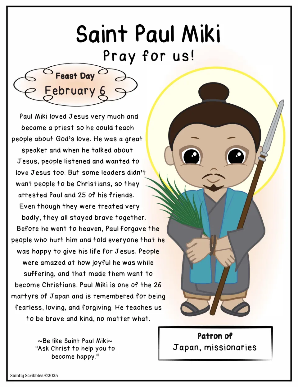 Saint Paul Miki color poster on white telling how he forgave those who hurt him, ending with a quote about being happy