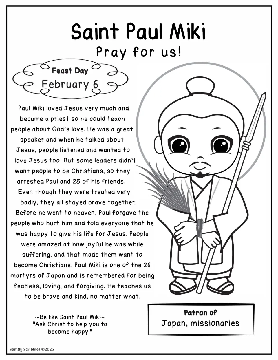 Saint Paul Miki coloring page: students color him holding a palm branch and spear, with story of courage and forgiveness