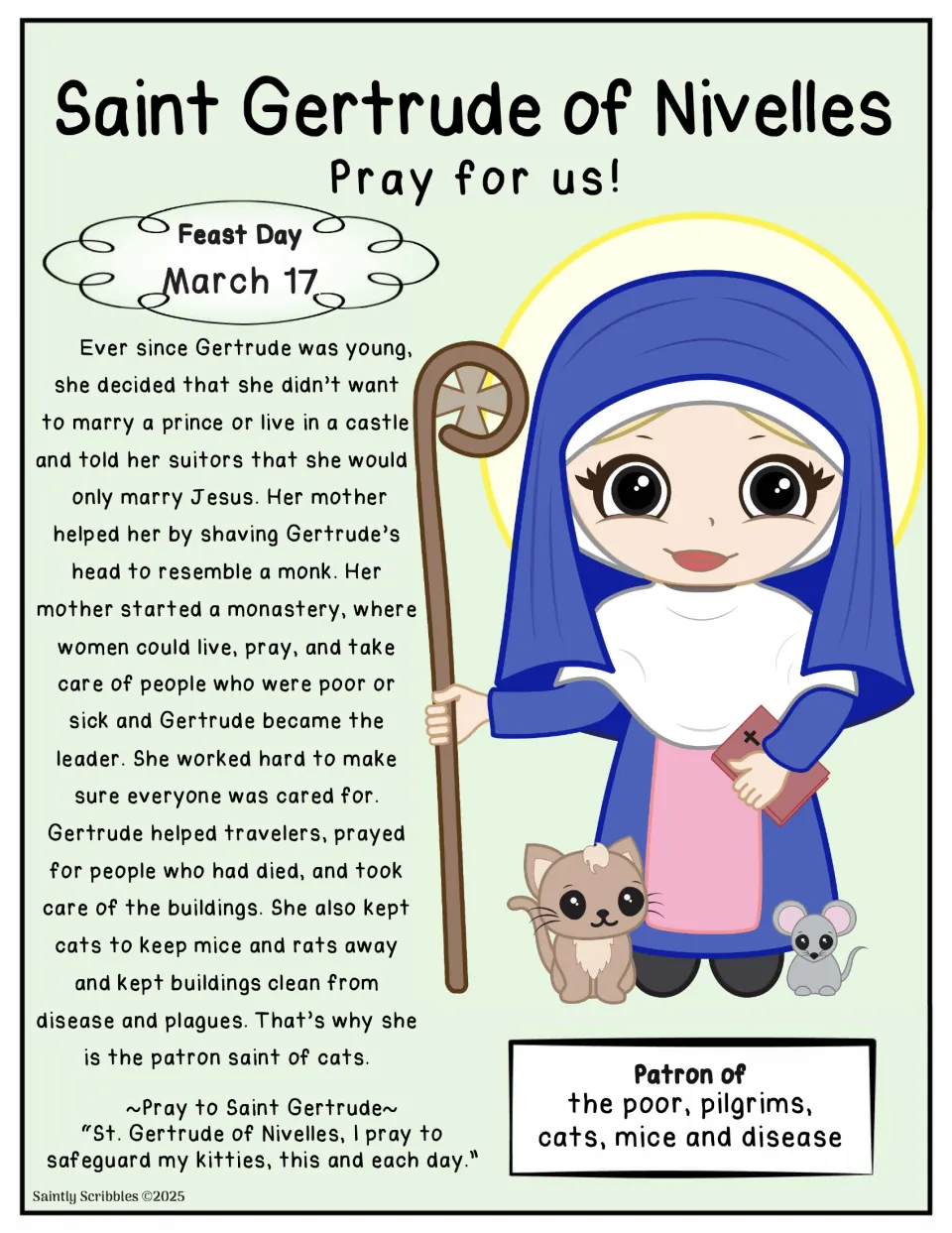 Saint Gertrude of Nivelles poster on green: feast day March 17, her monastery story, patron of the poor and pilgrims