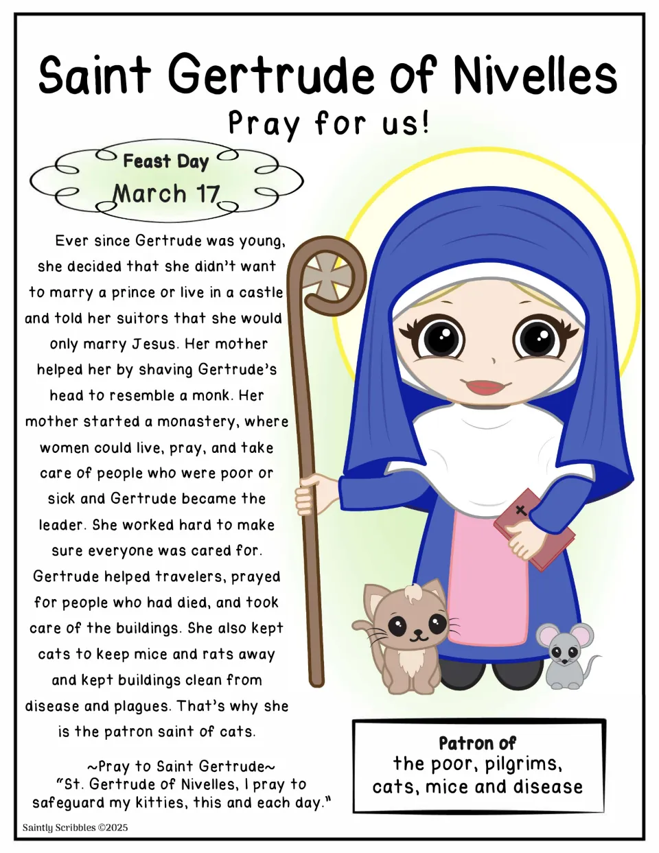 Saint Gertrude of Nivelles color poster on white, shown with staff, book, cat and mouse, plus a prayer to safeguard kitties