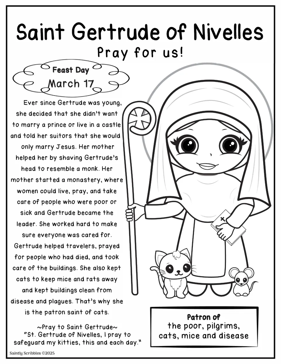 Saint Gertrude of Nivelles coloring page: students color her with a staff, cat and mouse and read her March 17 feast story