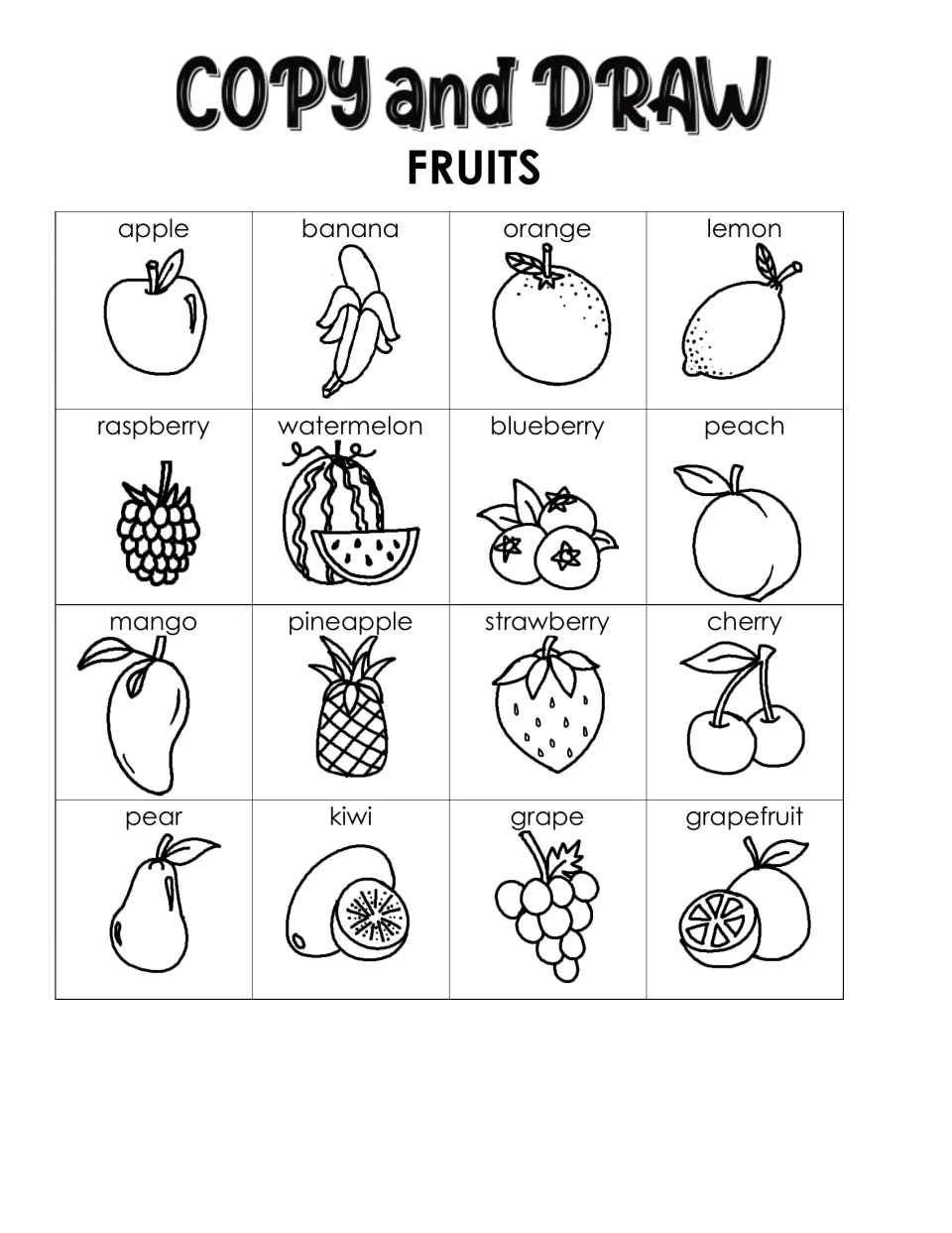 Copy and Draw Fruits cover: 16 labeled fruit drawings, including apple, banana, watermelon, mango, kiwi and grapefruit
