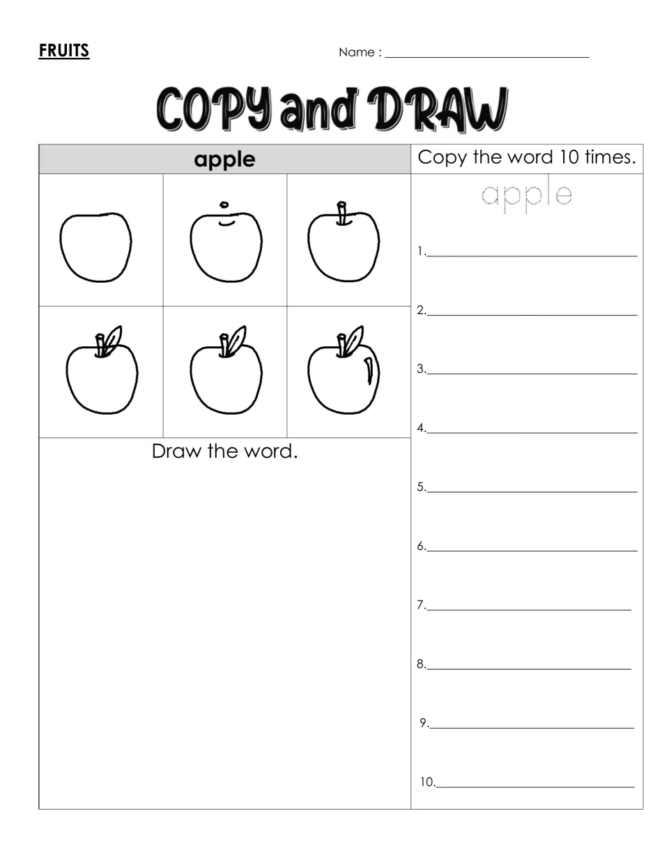 Spelling apple: students trace the word, copy it 10 times, then draw an apple using a six-step drawing guide