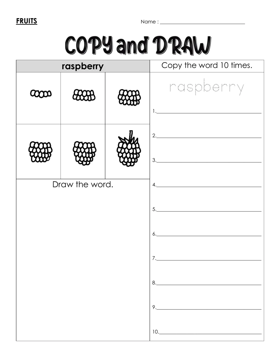 Spelling raspberry: students trace the word, copy it 10 times and build a raspberry drawing step by step