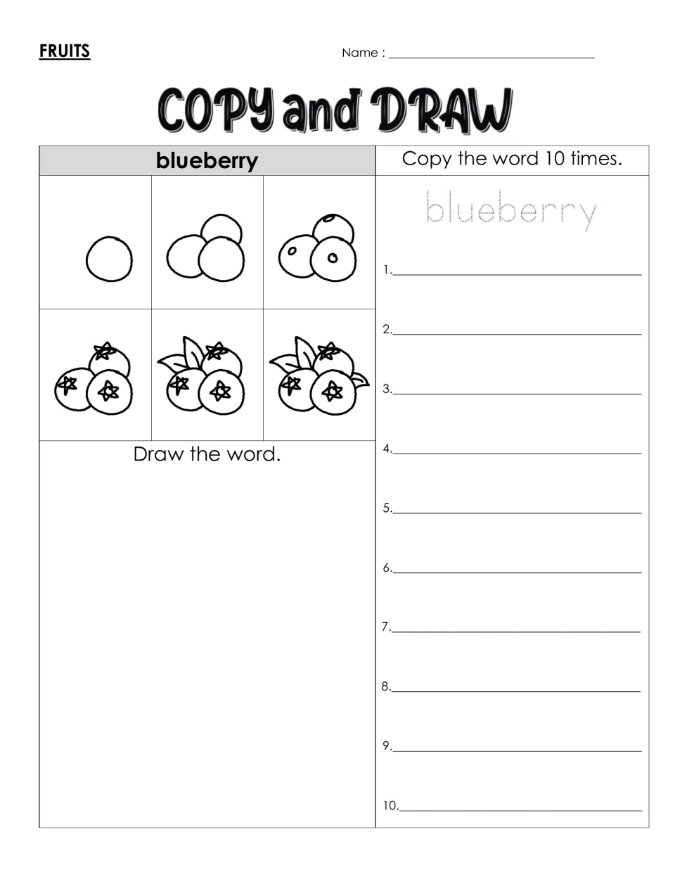 Spelling blueberry: students trace and copy the word 10 times, then draw a cluster of berries with leaves