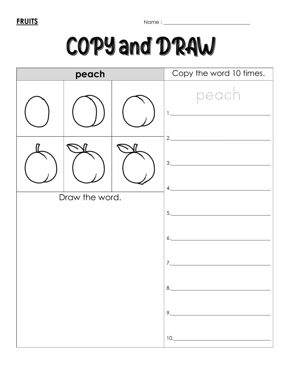 Spelling peach: students trace the word, write it 10 times and draw a peach with stem and leaf in six steps
