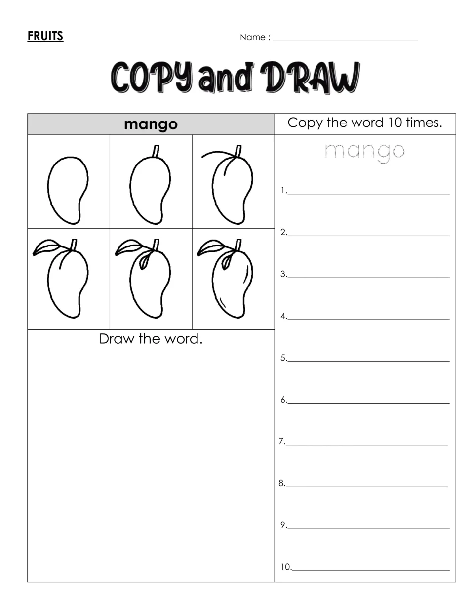 Spelling mango: students trace and write mango 10 times, then follow six steps to draw the fruit with a leaf