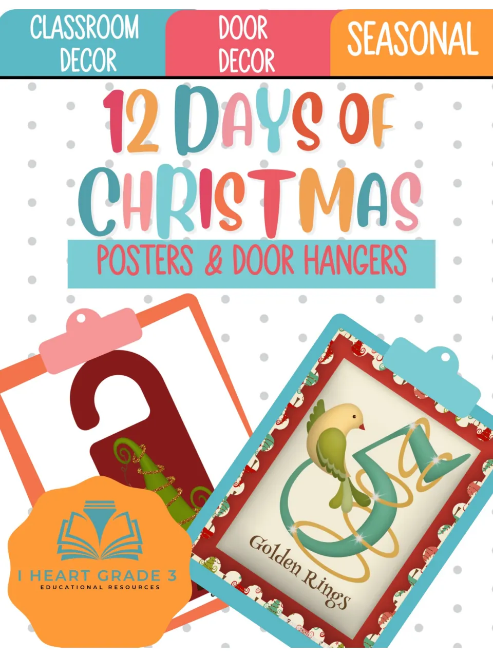 Cover for 12 Days of Christmas Door Hangers and Coordinating Posters, showing samples of both decor items