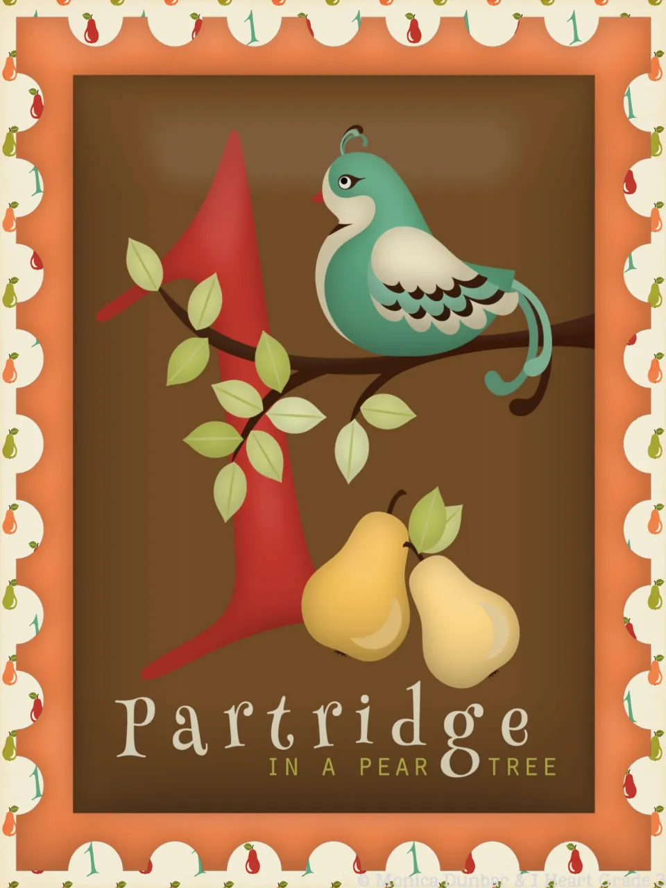 Day 1 classroom poster displays the numeral 1, a partridge and pears, and the words 'Partridge in a Pear Tree'