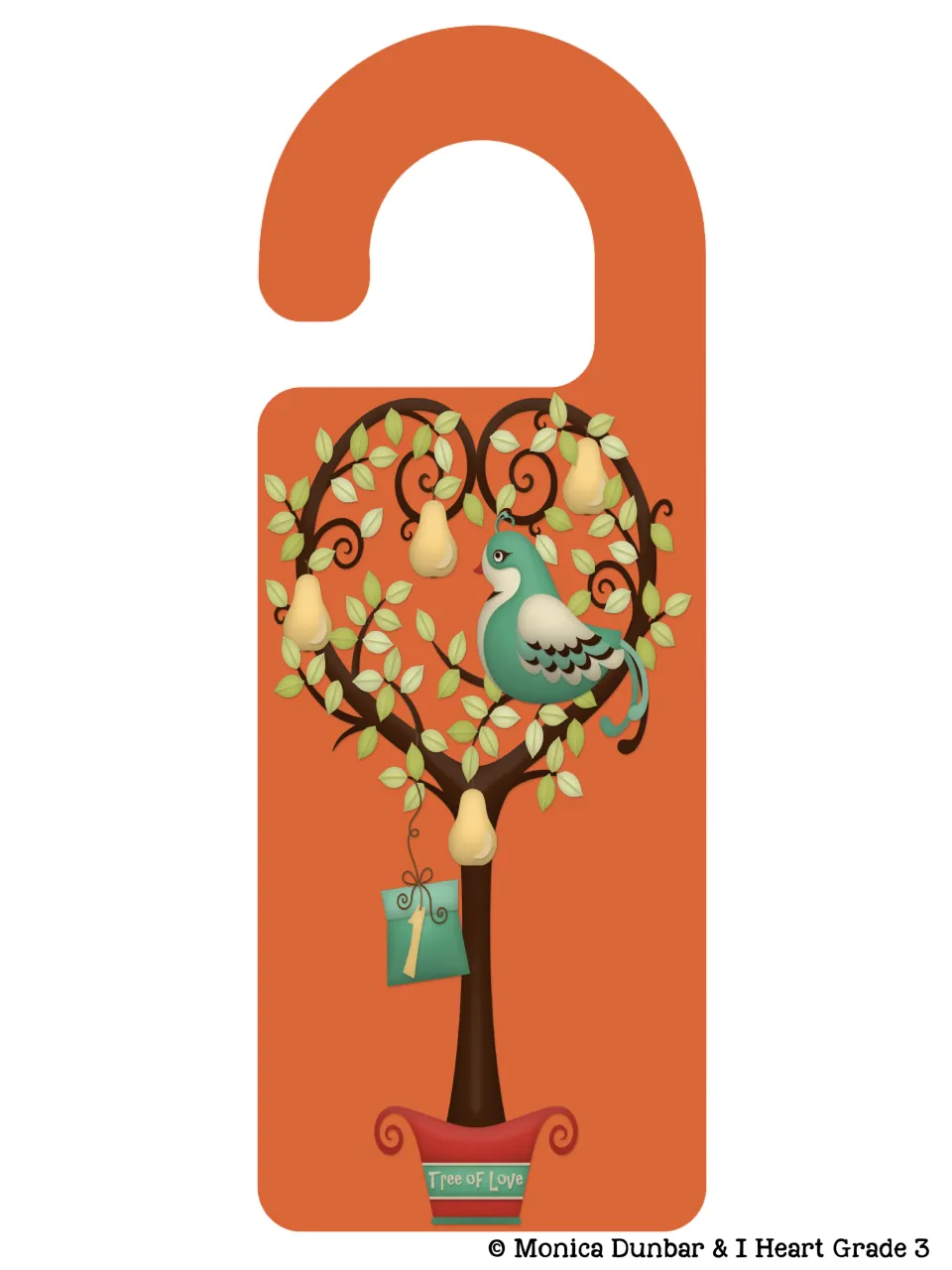 Day 1 door hanger shows a partridge in a pear tree with a hanging numeral 1, matching the first poster