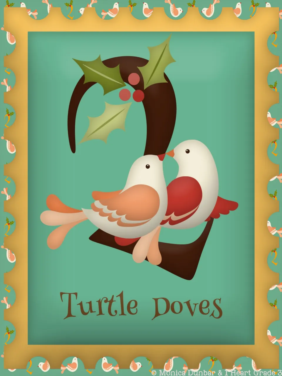Day 2 classroom poster displays the numeral 2 and two illustrated birds above the words 'Turtle Doves'