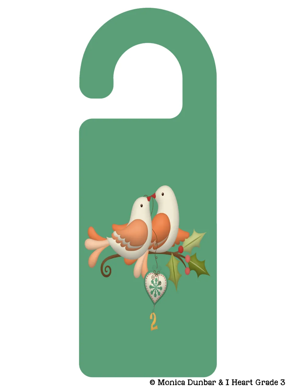 Day 2 door hanger shows two turtle doves perched together above a hanging numeral 2, matching the poster