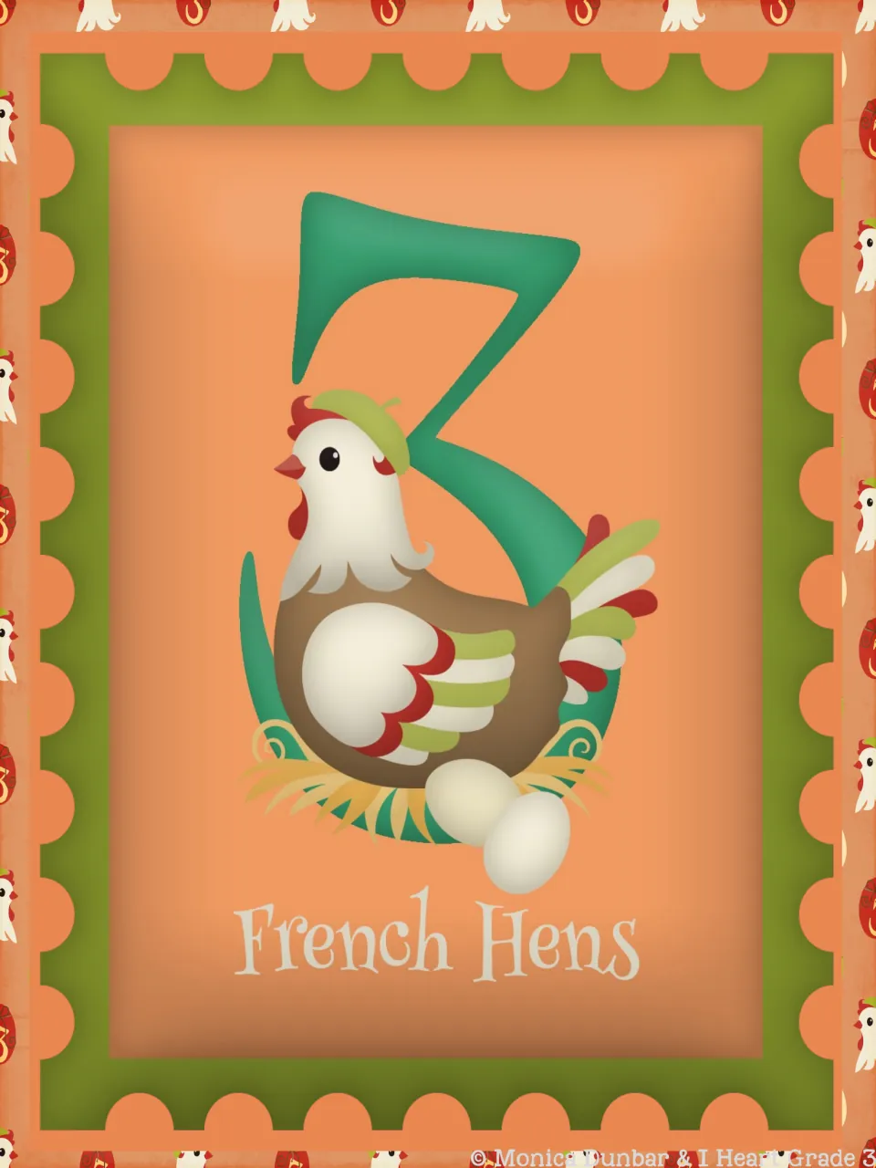 Day 3 classroom poster displays the numeral 3, a hen sitting on a nest with eggs, and the words 'French Hens'