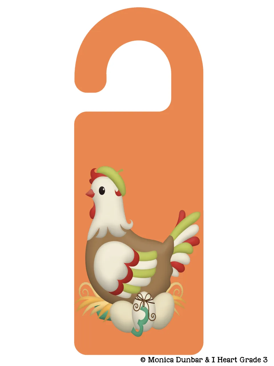 Day 3 door hanger shows a French hen sitting on a nest with eggs and a numeral 3, matching the hen poster