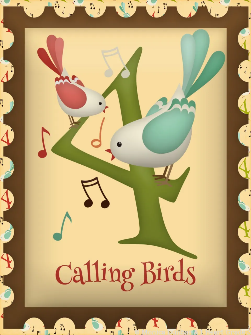 Day 4 classroom poster displays the numeral 4, two birds with musical notes, and the words 'Calling Birds'